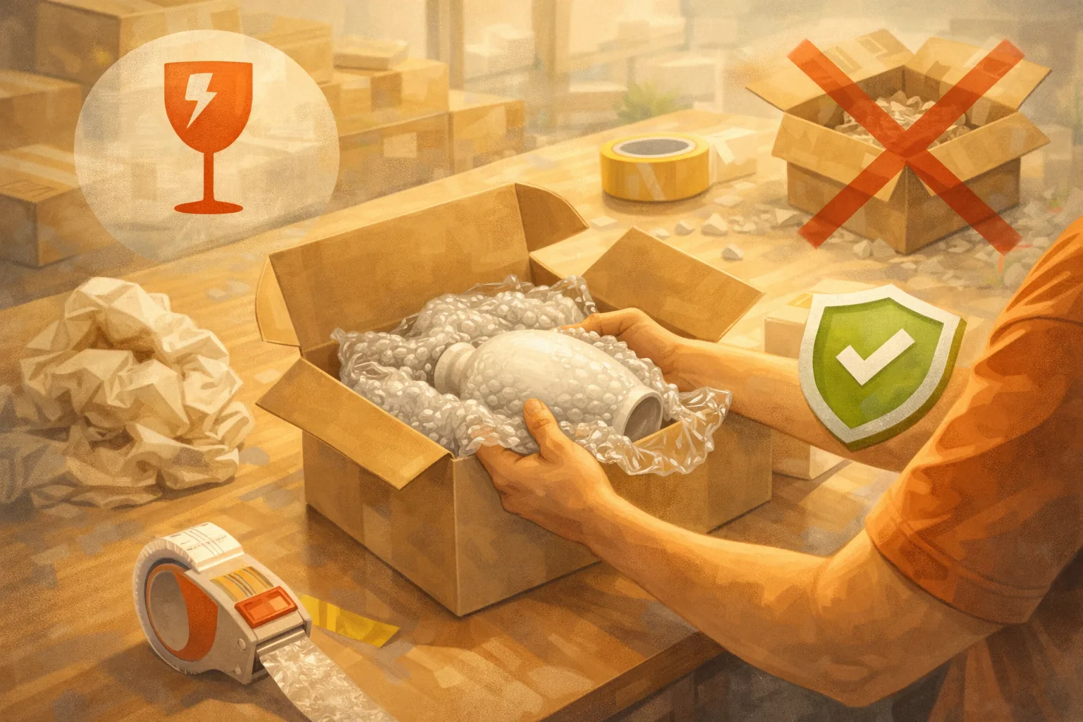 Hands packing a fragile parcel with bubble wrap to reduce shipping damage claims.
