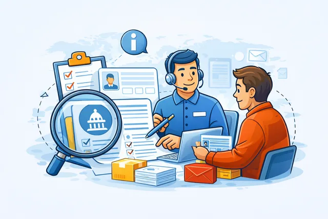 Government form assistance illustration showing staff helping review official forms, documents, and application paperwork.