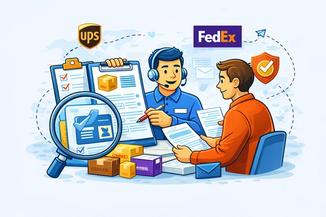 Shipping document assistance illustration showing staff helping label paperwork, prepare forms, and organize courier shipments.