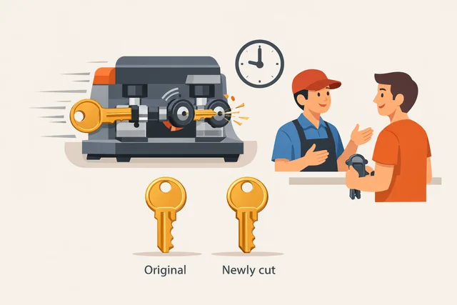 Quick key cutting service with a technician preparing a new duplicate key at the counter.