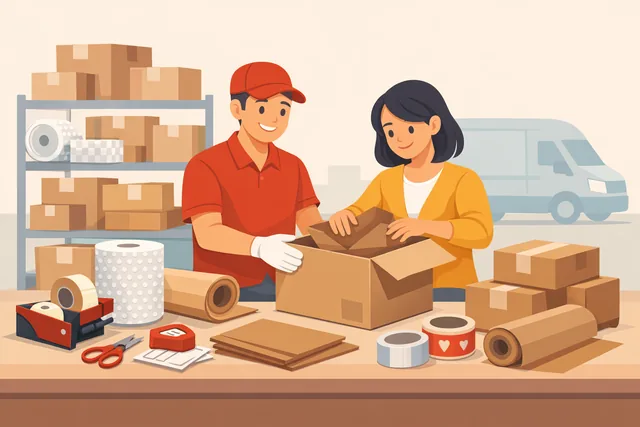 Packing supplies illustration showing staff helping pack a box with packing paper, tape, and shipping materials.