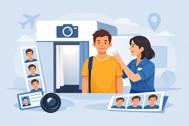 Passport photo service illustration showing a customer at a photo booth with staff assistance and printed photo strips.