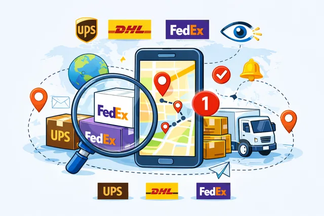 Shipment tracking illustration showing mobile map tracking, courier parcels, delivery truck, and status notifications.