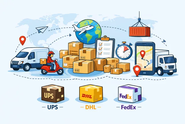 Shipping and courier illustration showing parcels, delivery vehicles, tracking map, and international delivery icons.